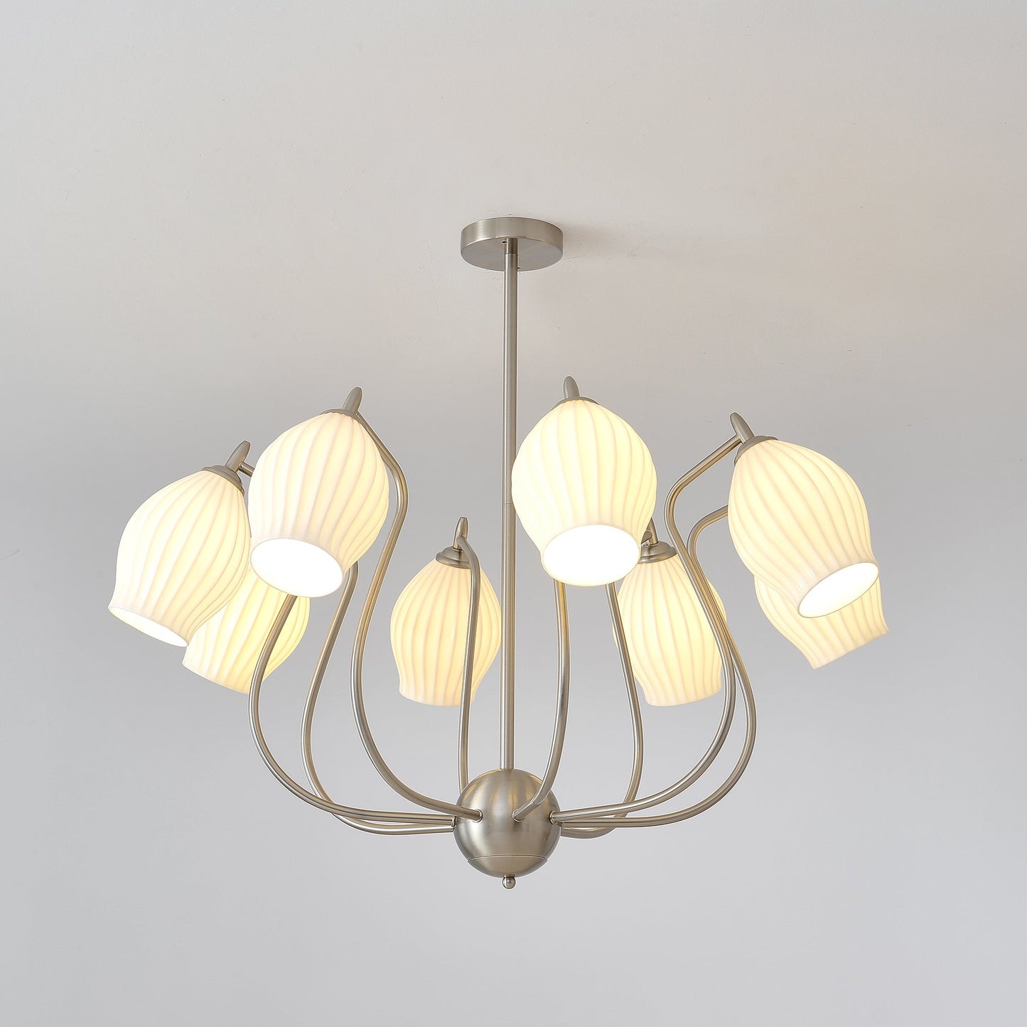 Ceramic Ribbed Chandelier with Adjustable Height and Soft Ambient Ligh