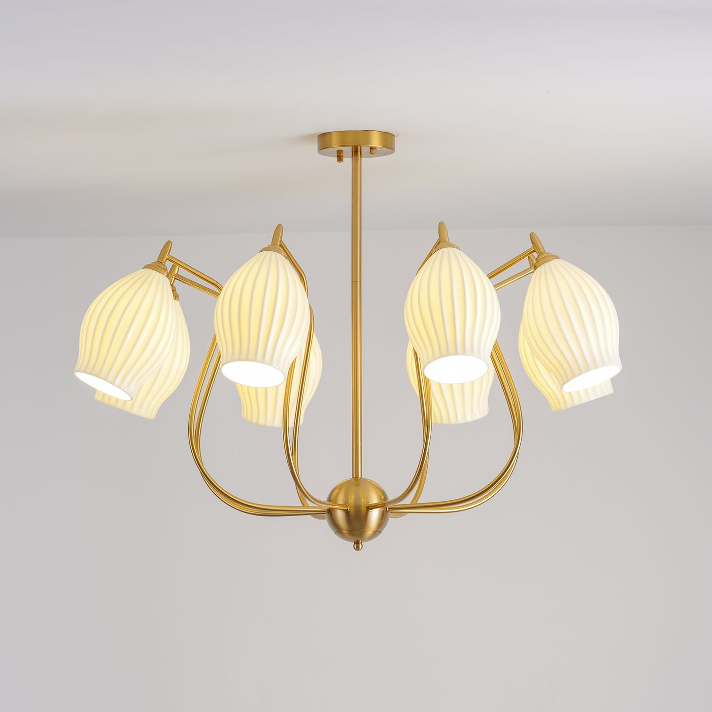 Ceramic Ribbed Chandelier with Adjustable Height and Soft Ambient Ligh