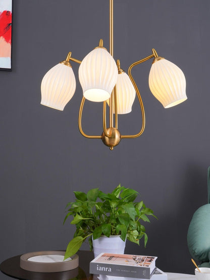 Ceramic Ribbed Chandelier with Adjustable Height and Soft Ambient Ligh