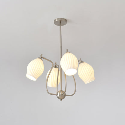 Ceramic Ribbed Chandelier with Adjustable Height and Soft Ambient Ligh
