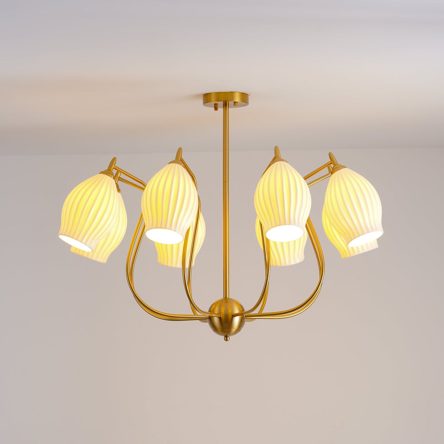 Ceramic Ribbed Chandelier with Adjustable Height and Soft Ambient Ligh