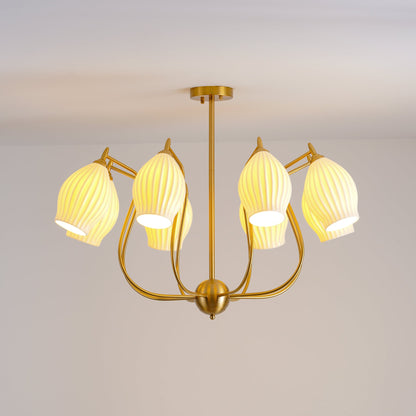 Ceramic Ribbed Chandelier with Adjustable Height and Soft Ambient Ligh