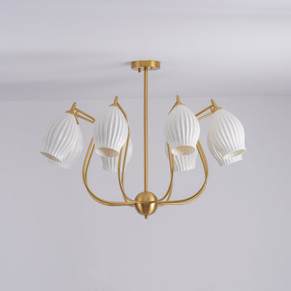 Ceramic Ribbed Chandelier with Adjustable Height and Soft Ambient Ligh