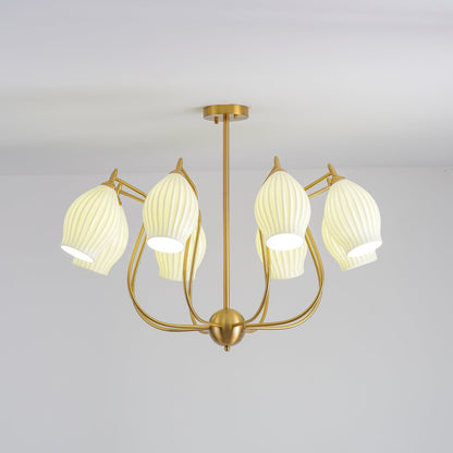Ceramic Ribbed Chandelier with Adjustable Height and Soft Ambient Ligh
