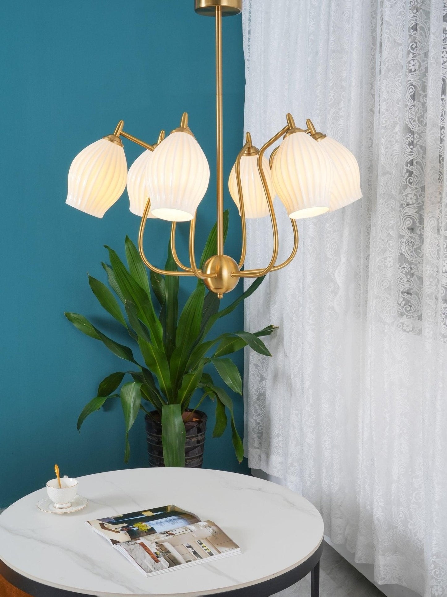 Ceramic Ribbed Chandelier with Adjustable Height and Soft Ambient Ligh