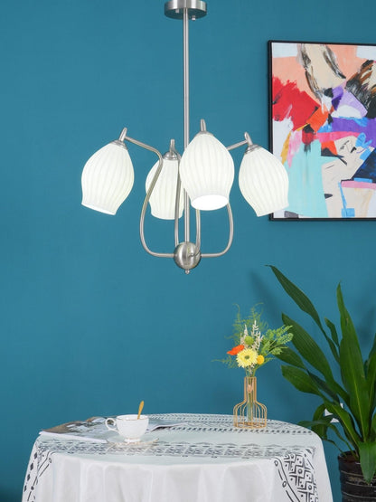 Ceramic Ribbed Chandelier with Adjustable Height and Soft Ambient Ligh