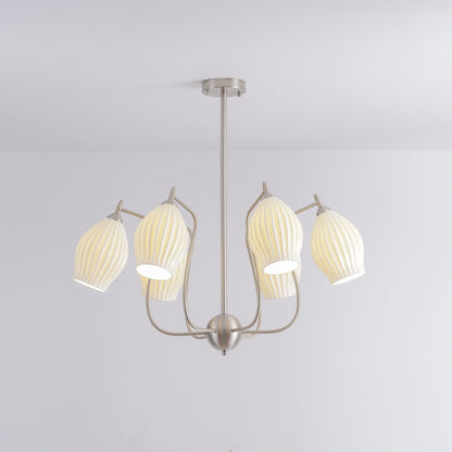 Ceramic Ribbed Chandelier with Adjustable Height and Soft Ambient Ligh
