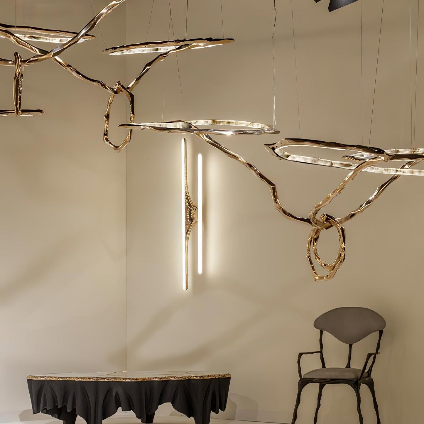 Elegant Brass Chandelier with Adjustable Arms and Ambient Lighting
