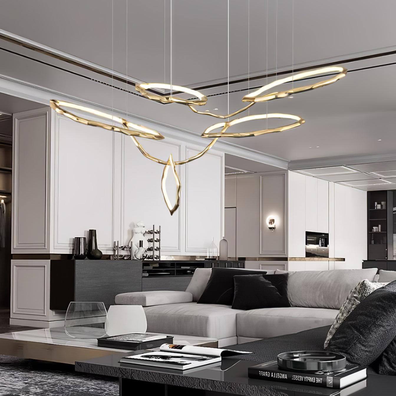 Elegant Brass Chandelier with Adjustable Arms and Ambient Lighting