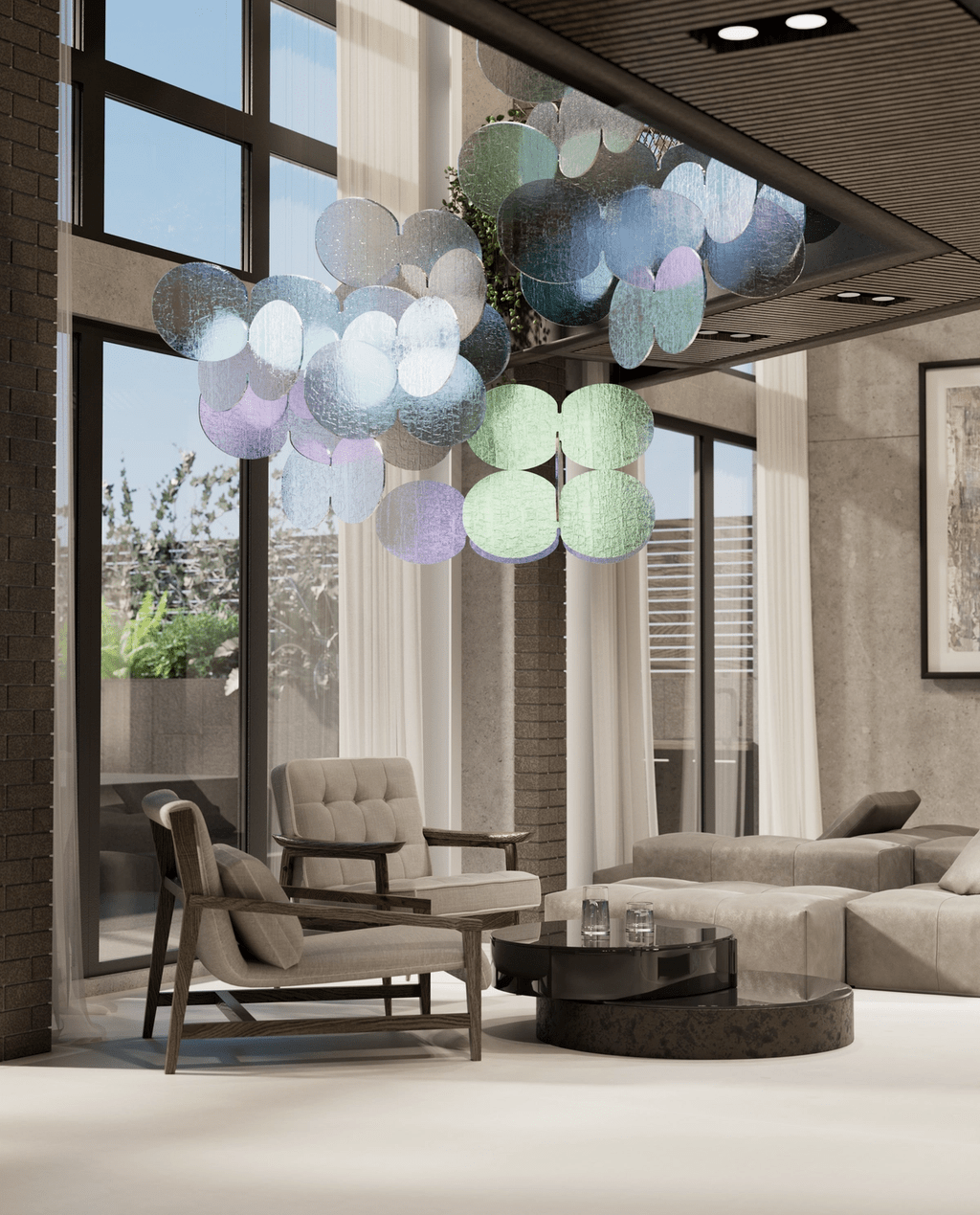 Iridescent Disc Chandelier - Adjustable Height, Energy-Efficient LED