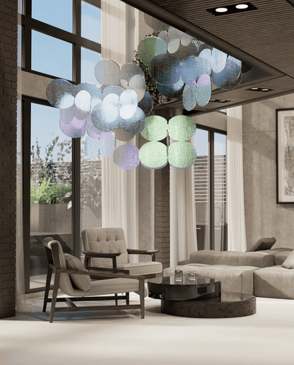 Iridescent Disc Chandelier - Adjustable Height, Energy-Efficient LED