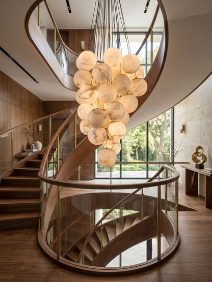 Elegant Alabaster Globe Chandelier with Adjustable Height & Soft Light