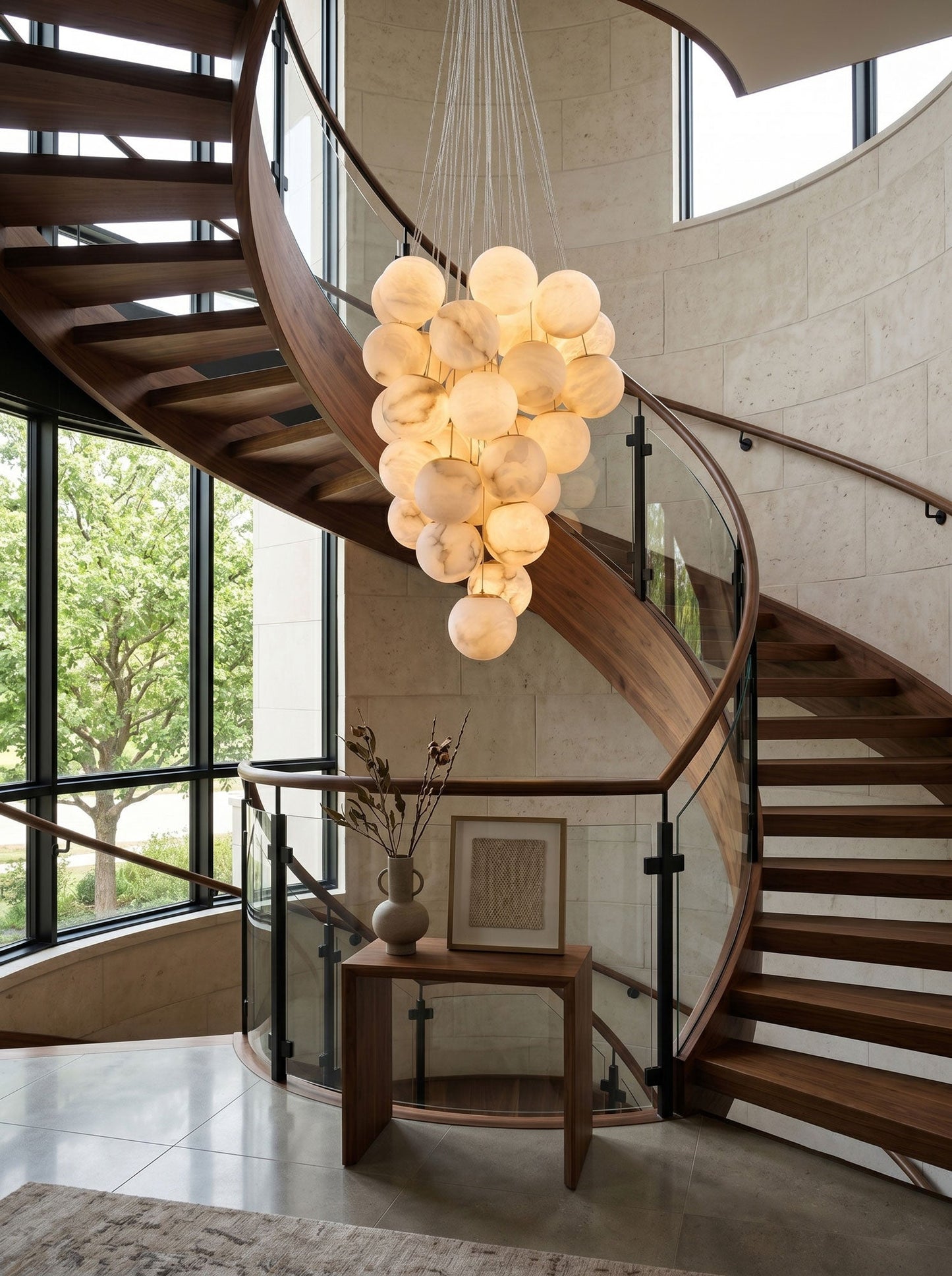 Elegant Alabaster Globe Chandelier with Adjustable Height & Soft Light