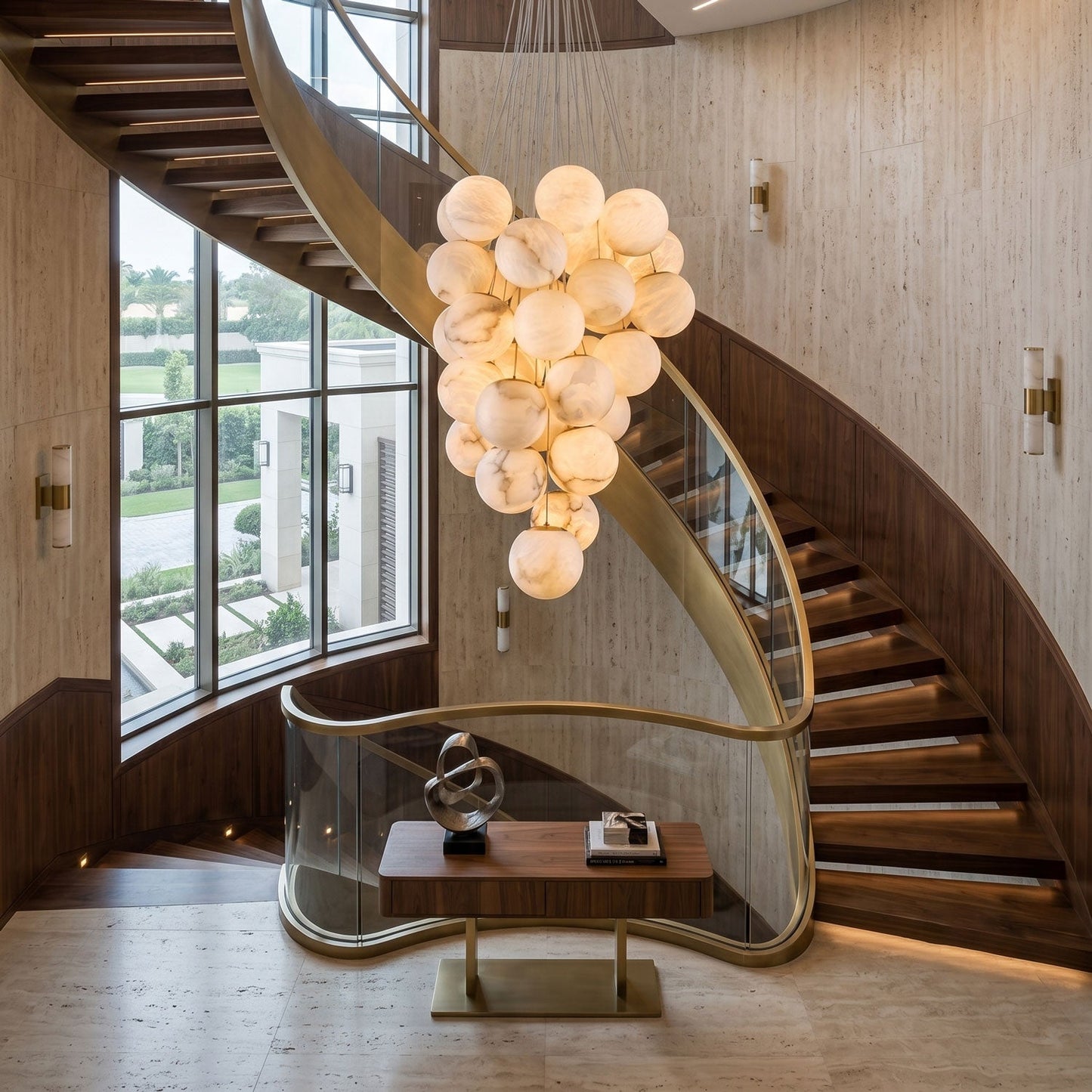 Elegant Alabaster Globe Chandelier with Adjustable Height & Soft Light