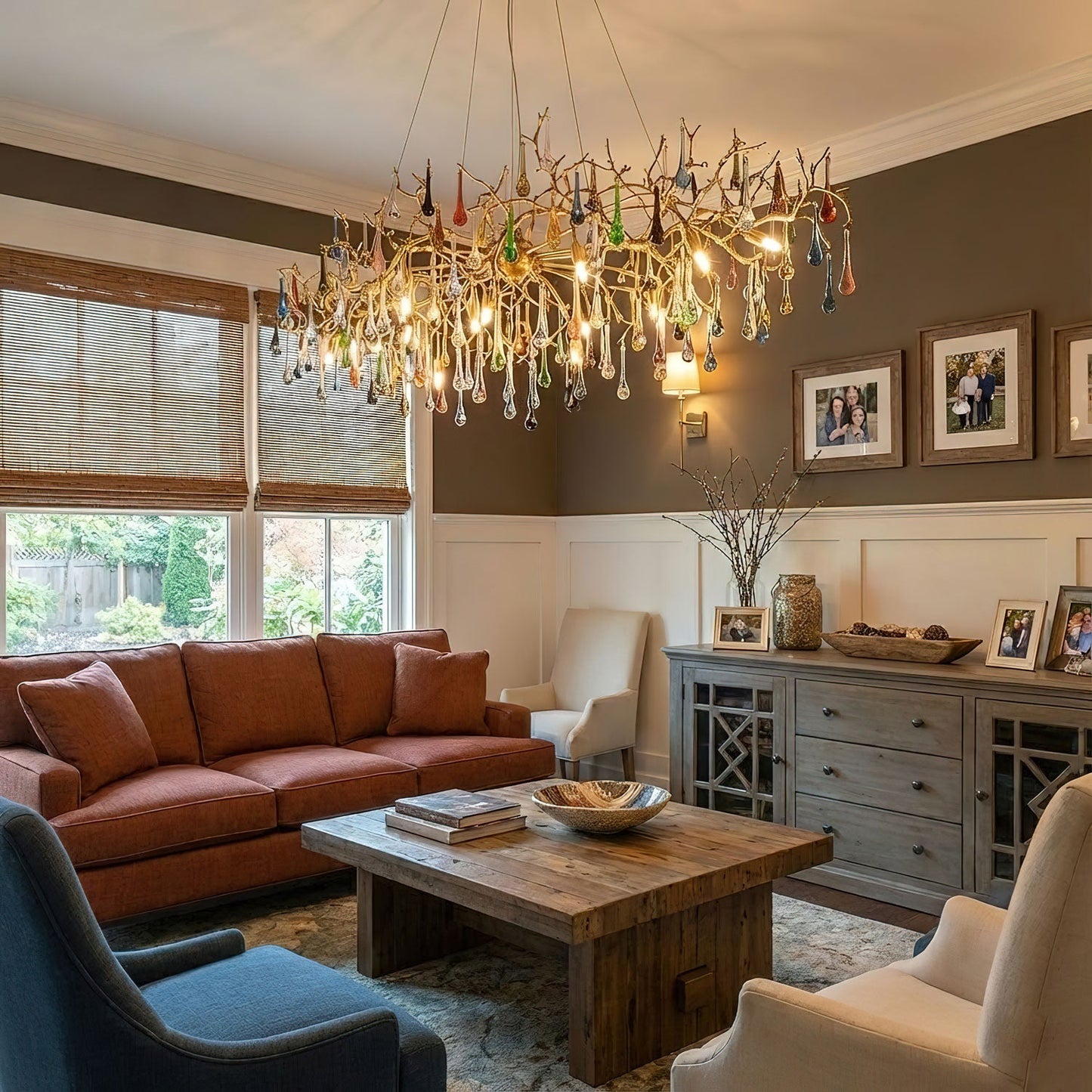 Elegant Brass Raindrop Chandelier with Colorful Glass Accents, Dimmabl