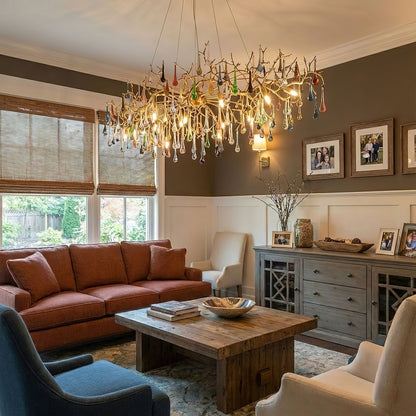 Elegant Brass Raindrop Chandelier with Colorful Glass Accents, Dimmabl