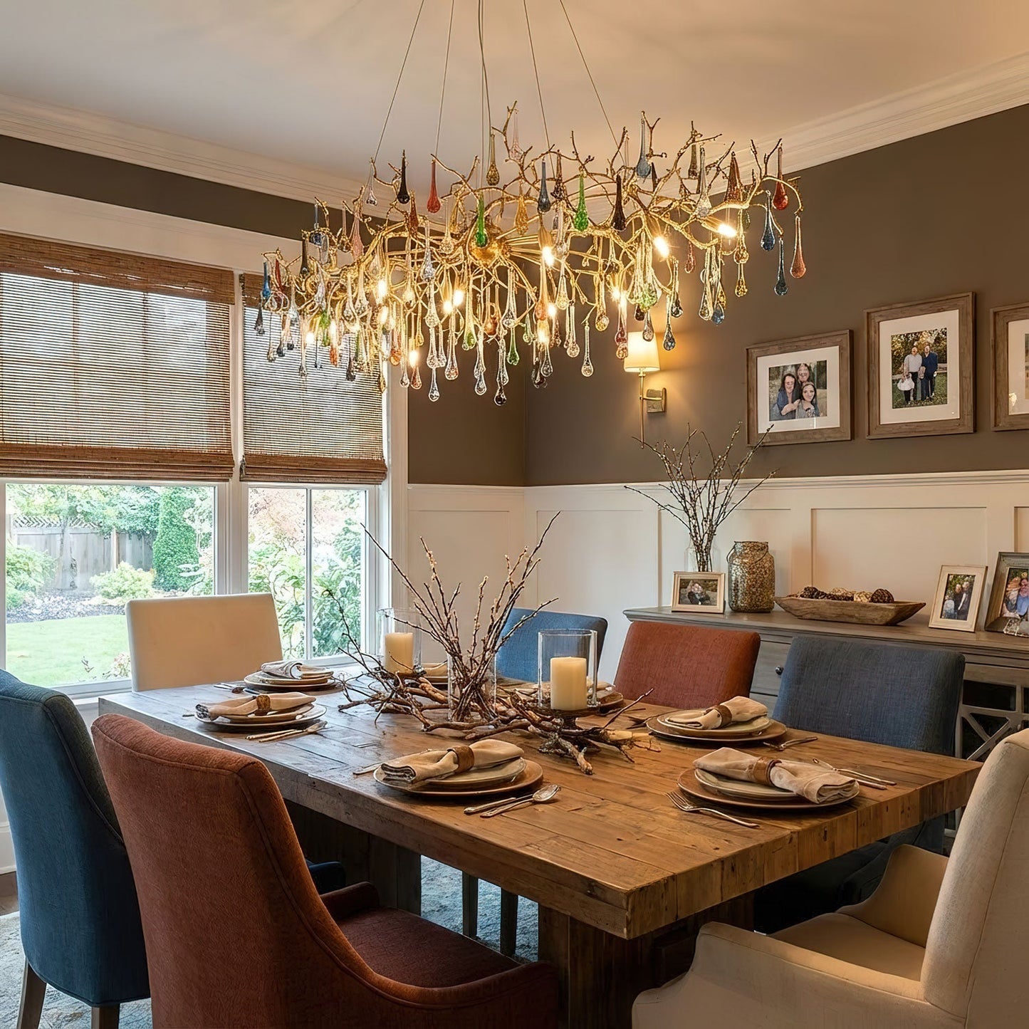 Elegant Brass Raindrop Chandelier with Colorful Glass Accents, Dimmabl