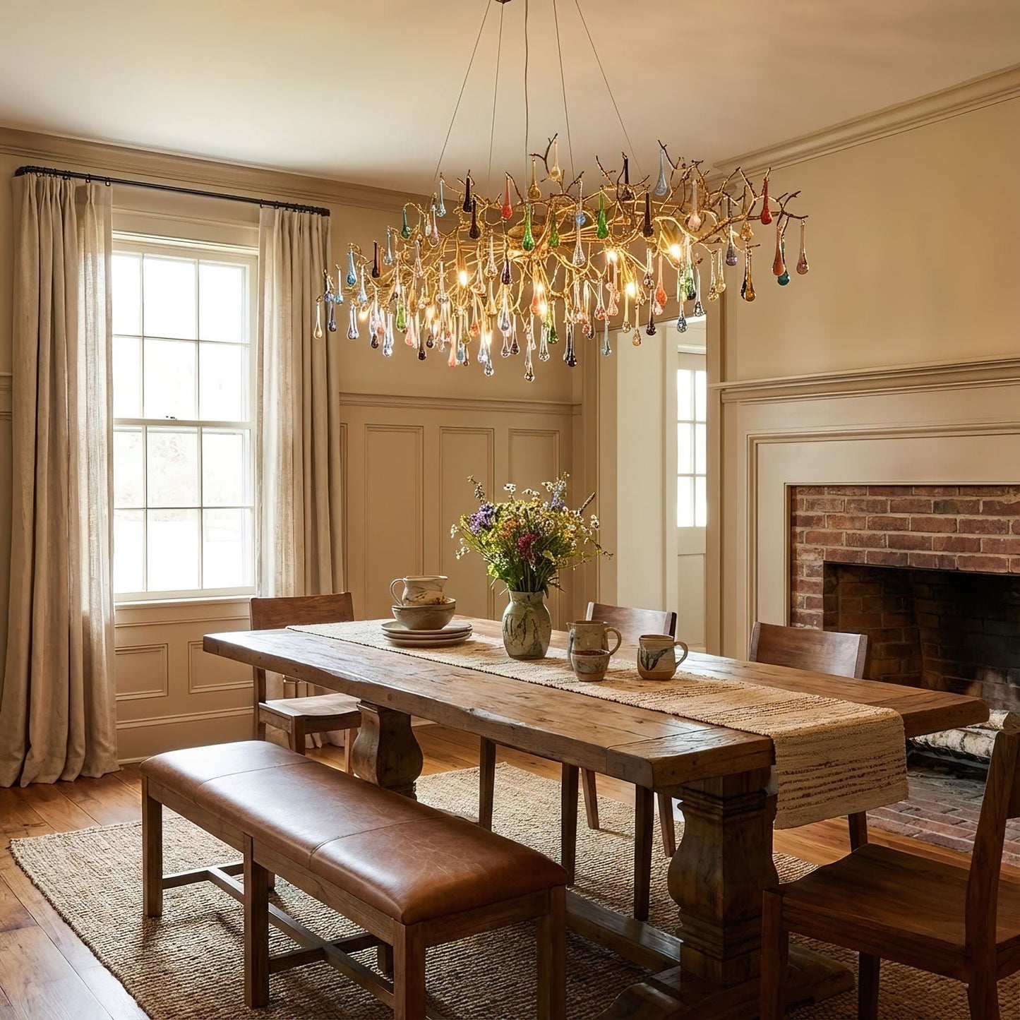 Elegant Brass Raindrop Chandelier with Colorful Glass Accents, Dimmabl