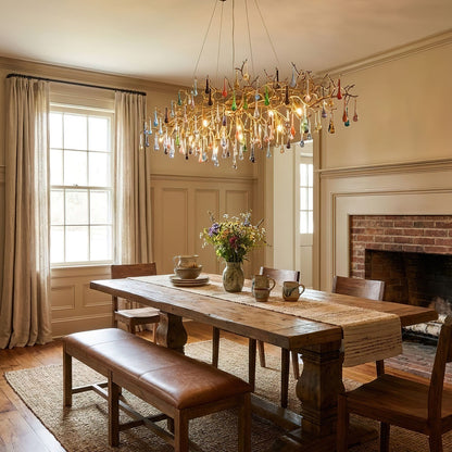 Elegant Brass Raindrop Chandelier with Colorful Glass Accents, Dimmabl