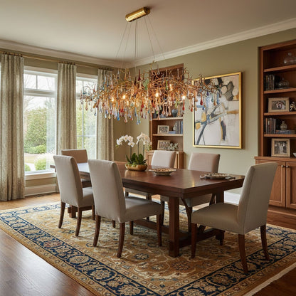 Elegant Brass Raindrop Chandelier with Colorful Glass Accents, Dimmabl