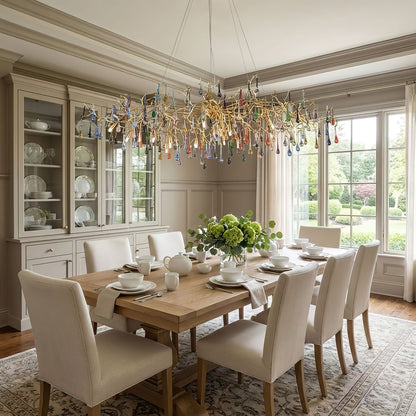 Elegant Brass Raindrop Chandelier with Colorful Glass Accents, Dimmabl