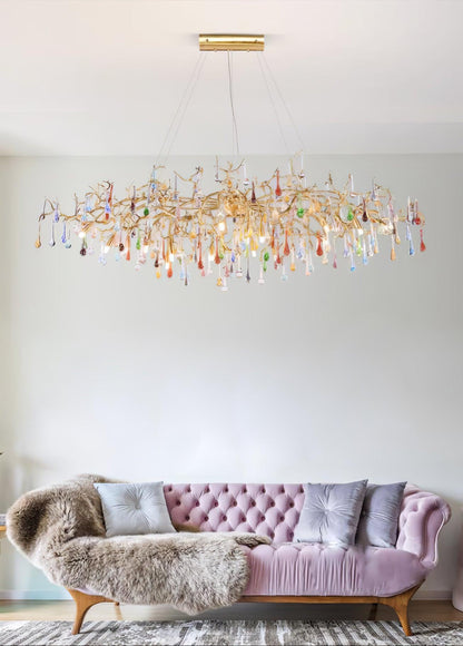 Elegant Brass Raindrop Chandelier with Colorful Glass Accents, Dimmabl