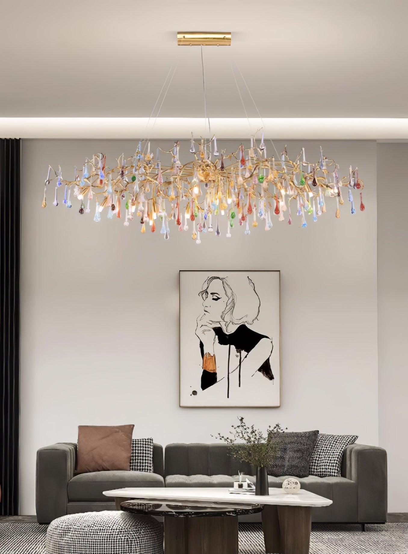 Elegant Brass Raindrop Chandelier with Colorful Glass Accents, Dimmabl