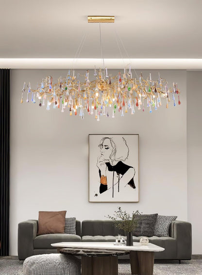 Elegant Brass Raindrop Chandelier with Colorful Glass Accents, Dimmabl