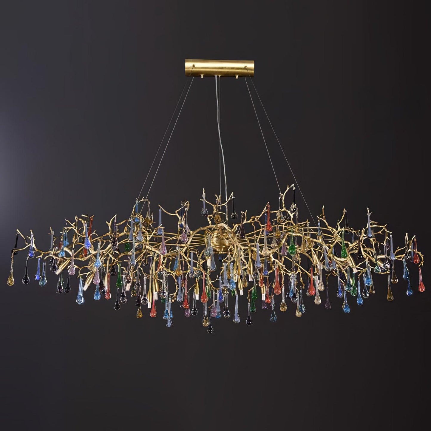 Elegant Brass Raindrop Chandelier with Colorful Glass Accents, Dimmabl