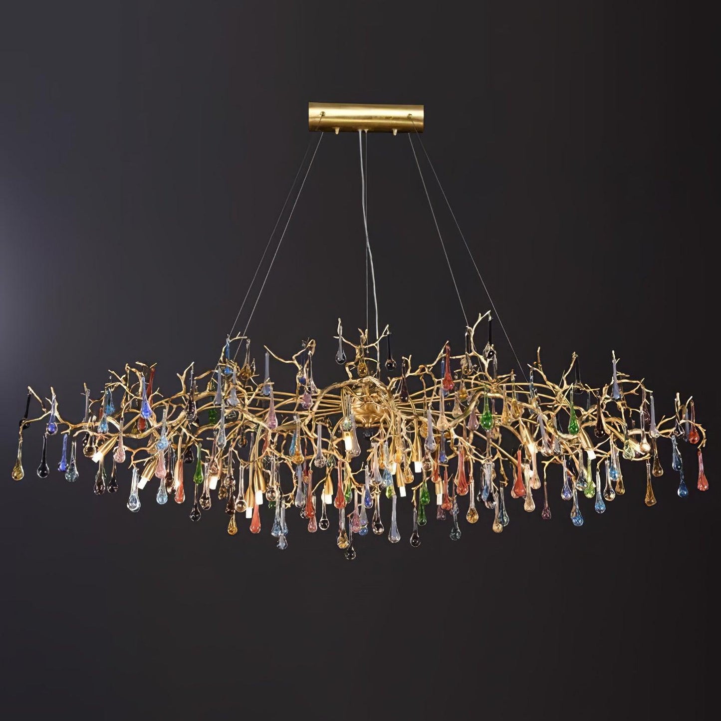 Elegant Brass Raindrop Chandelier with Colorful Glass Accents, Dimmabl