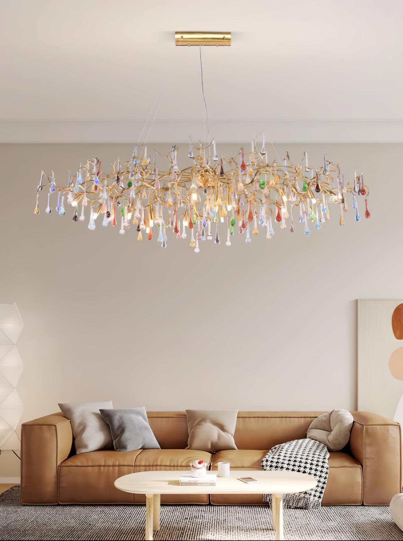 Elegant Brass Raindrop Chandelier with Colorful Glass Accents, Dimmabl