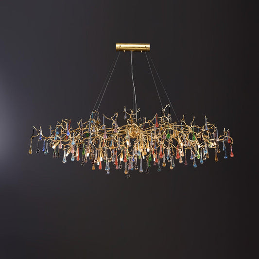 Elegant Brass Raindrop Chandelier with Colorful Glass Accents, Dimmabl