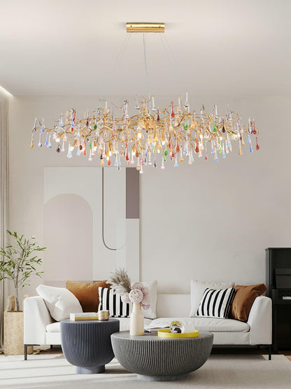 Elegant Brass Raindrop Chandelier with Colorful Glass Accents, Dimmabl