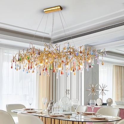 Elegant Brass Raindrop Chandelier with Colorful Glass Accents, Dimmabl