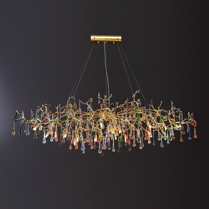 Elegant Brass Raindrop Chandelier with Colorful Glass Accents, Dimmabl