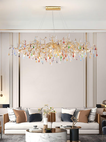 Elegant Brass Raindrop Chandelier with Colorful Glass Accents, Dimmabl