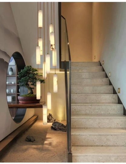 Elegant Column Alabaster Staircase Chandelier with Adjustable Height &