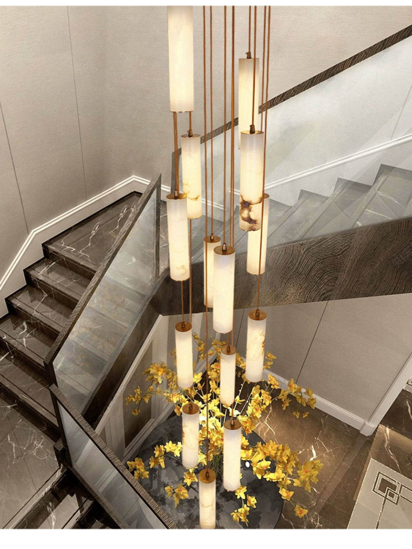 Elegant Column Alabaster Staircase Chandelier with Adjustable Height &