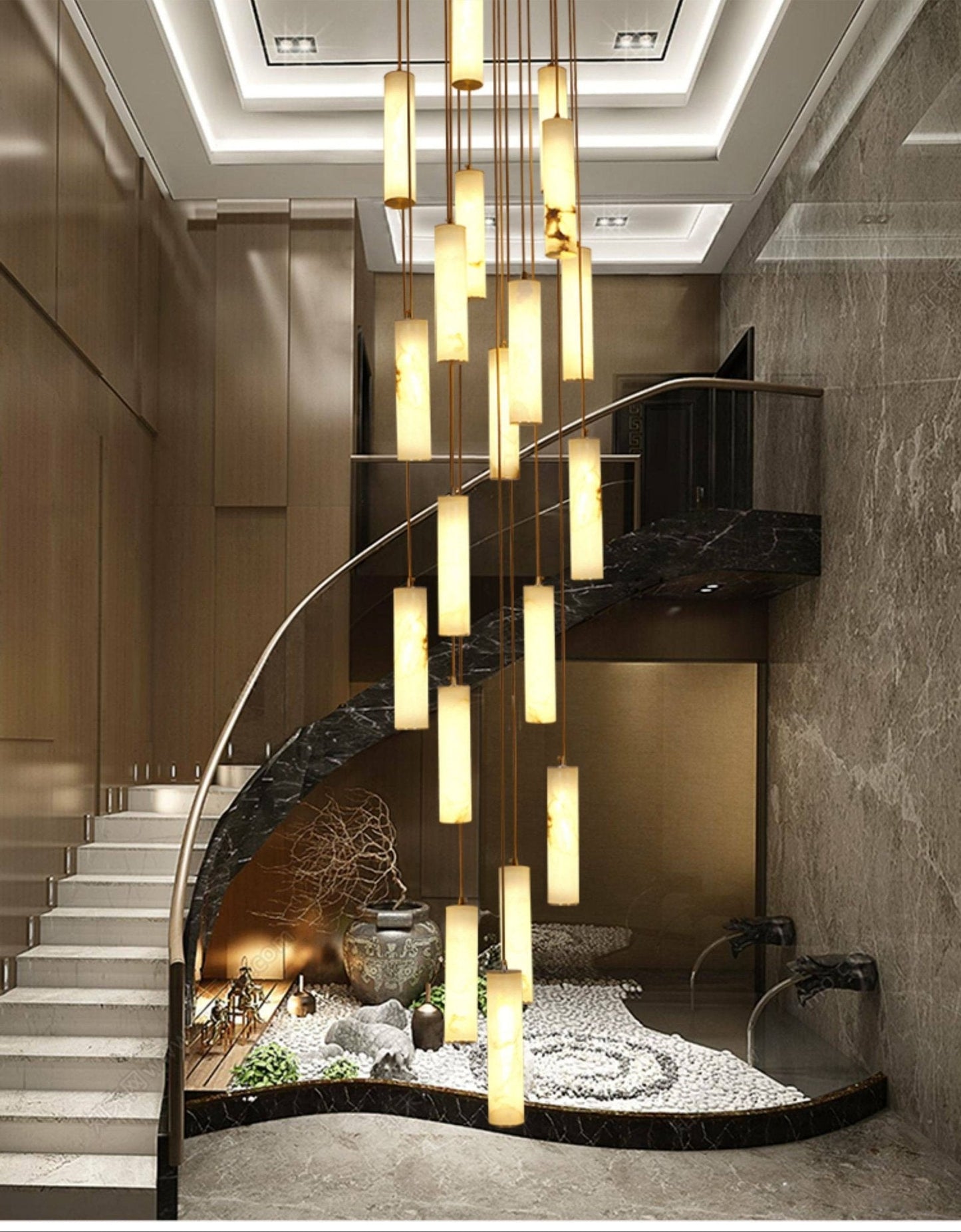 Elegant Column Alabaster Staircase Chandelier with Adjustable Height &