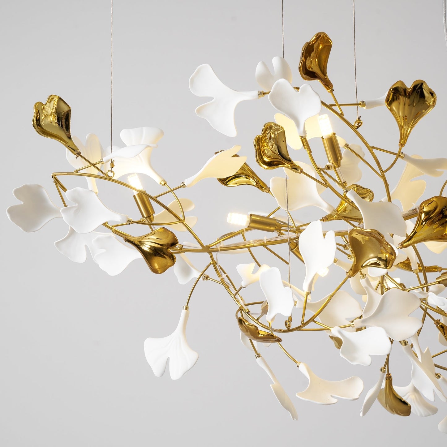 Elegant Gold & White Gingko Leaf Chandelier - Adjustable Height, LED C