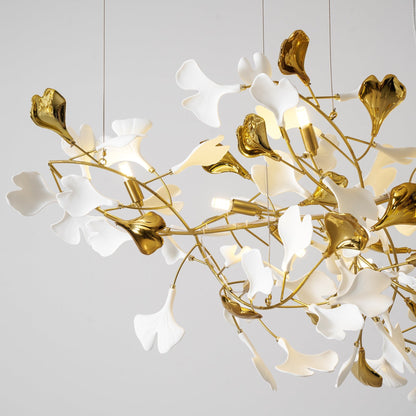 Elegant Gold & White Gingko Leaf Chandelier - Adjustable Height, LED C