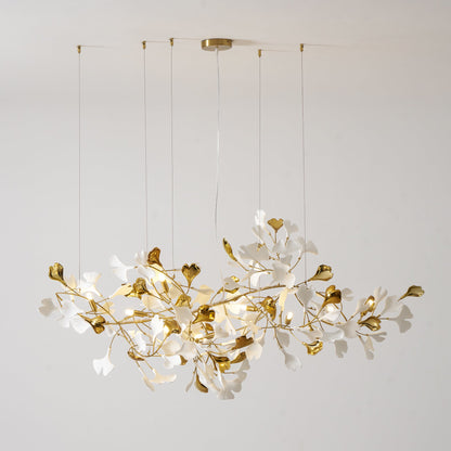 Elegant Gold & White Gingko Leaf Chandelier - Adjustable Height, LED C