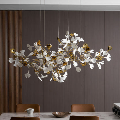 Elegant Gold & White Gingko Leaf Chandelier - Adjustable Height, LED C