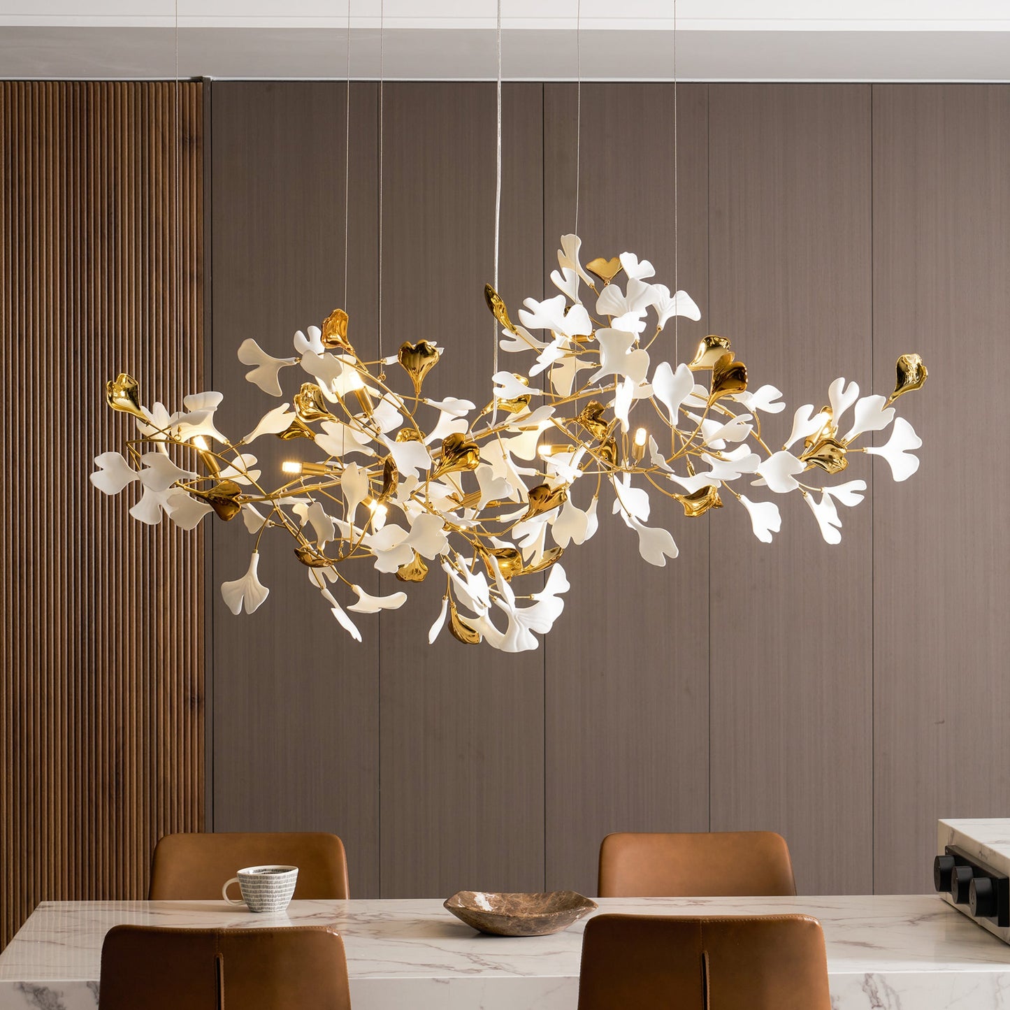 Elegant Gold & White Gingko Leaf Chandelier - Adjustable Height, LED C