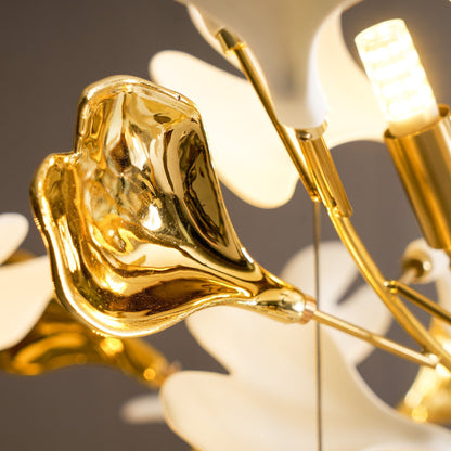 Elegant Gold & White Gingko Leaf Chandelier - Adjustable Height, LED C