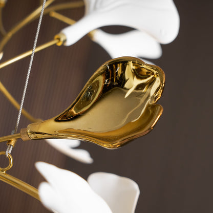 Elegant Gold & White Gingko Leaf Chandelier - Adjustable Height, LED C
