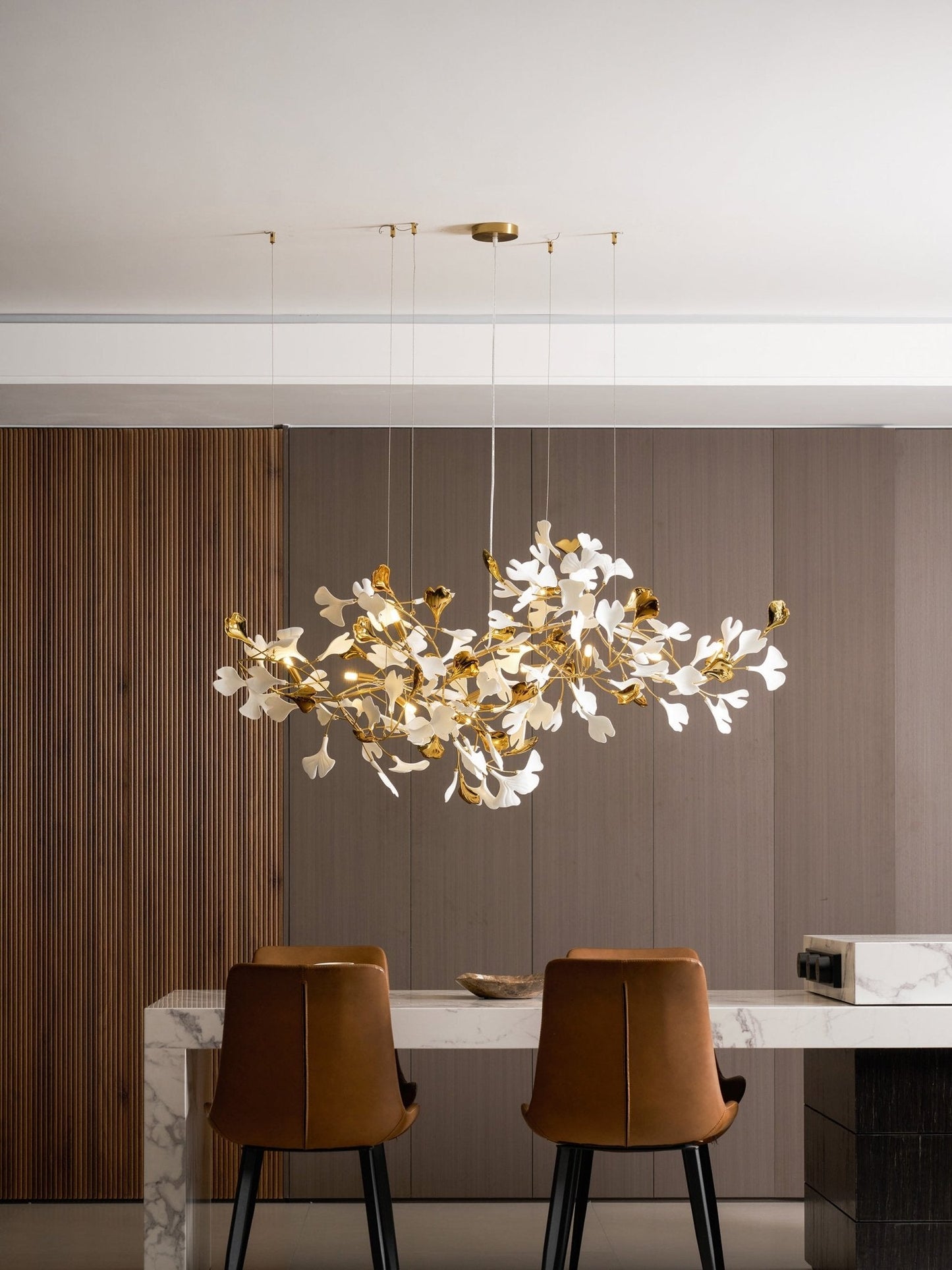 Elegant Gold & White Gingko Leaf Chandelier - Adjustable Height, LED C