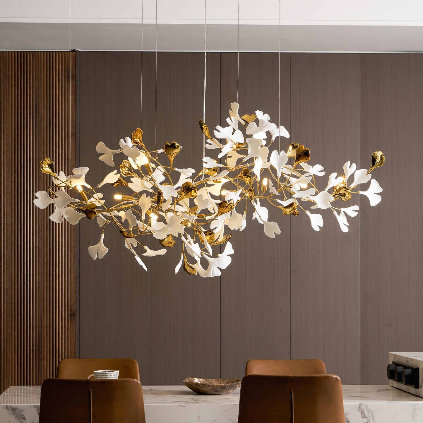 Elegant Gold & White Gingko Leaf Chandelier - Adjustable Height, LED C