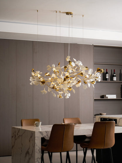 Elegant Gold & White Gingko Leaf Chandelier - Adjustable Height, LED C