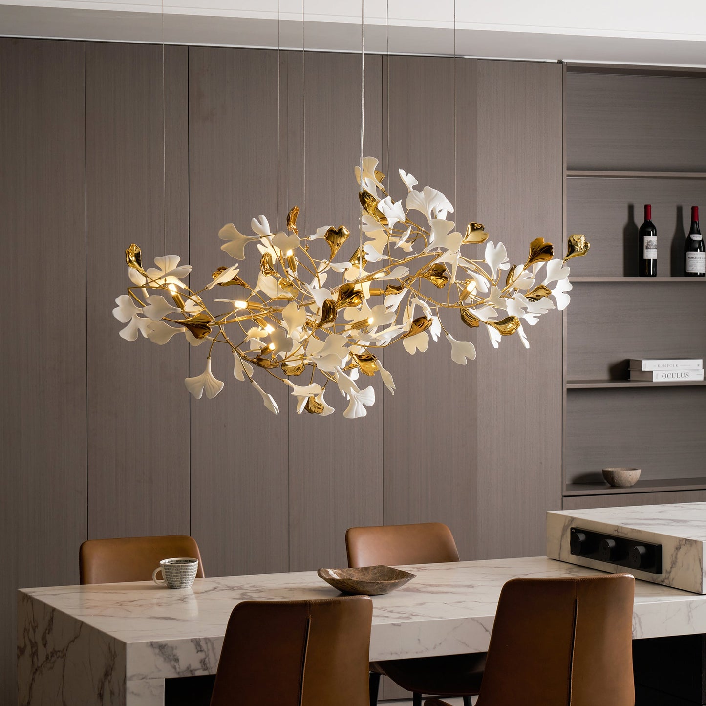 Elegant Gold & White Gingko Leaf Chandelier - Adjustable Height, LED C